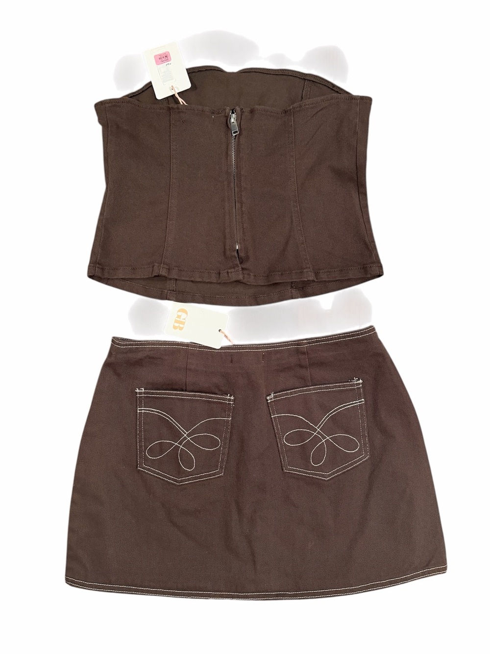 Gianni Bini Western Brown Strapless Corset Top & Button-Front Mini Skirt Set NWT - Picture 2 of 4